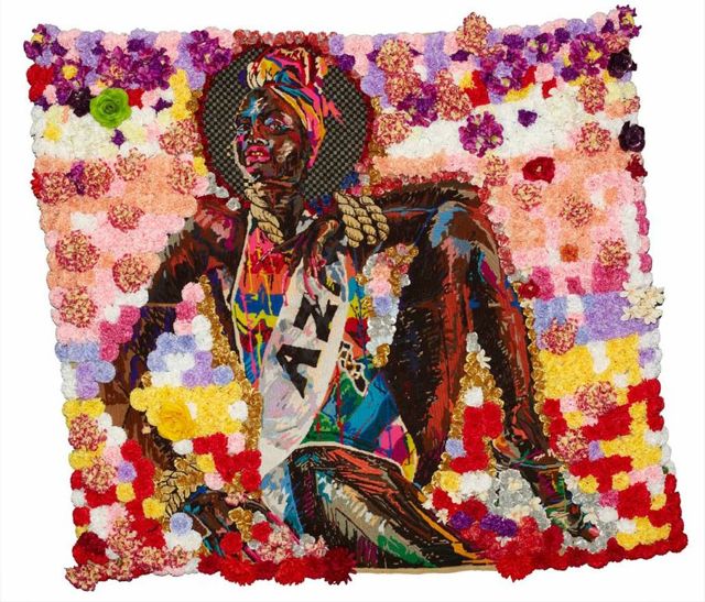 Athi-Patra Ruga, Uzuko Wool, Thread & Artificial Flowers on Tapestry Canvas 200 x 180 cm